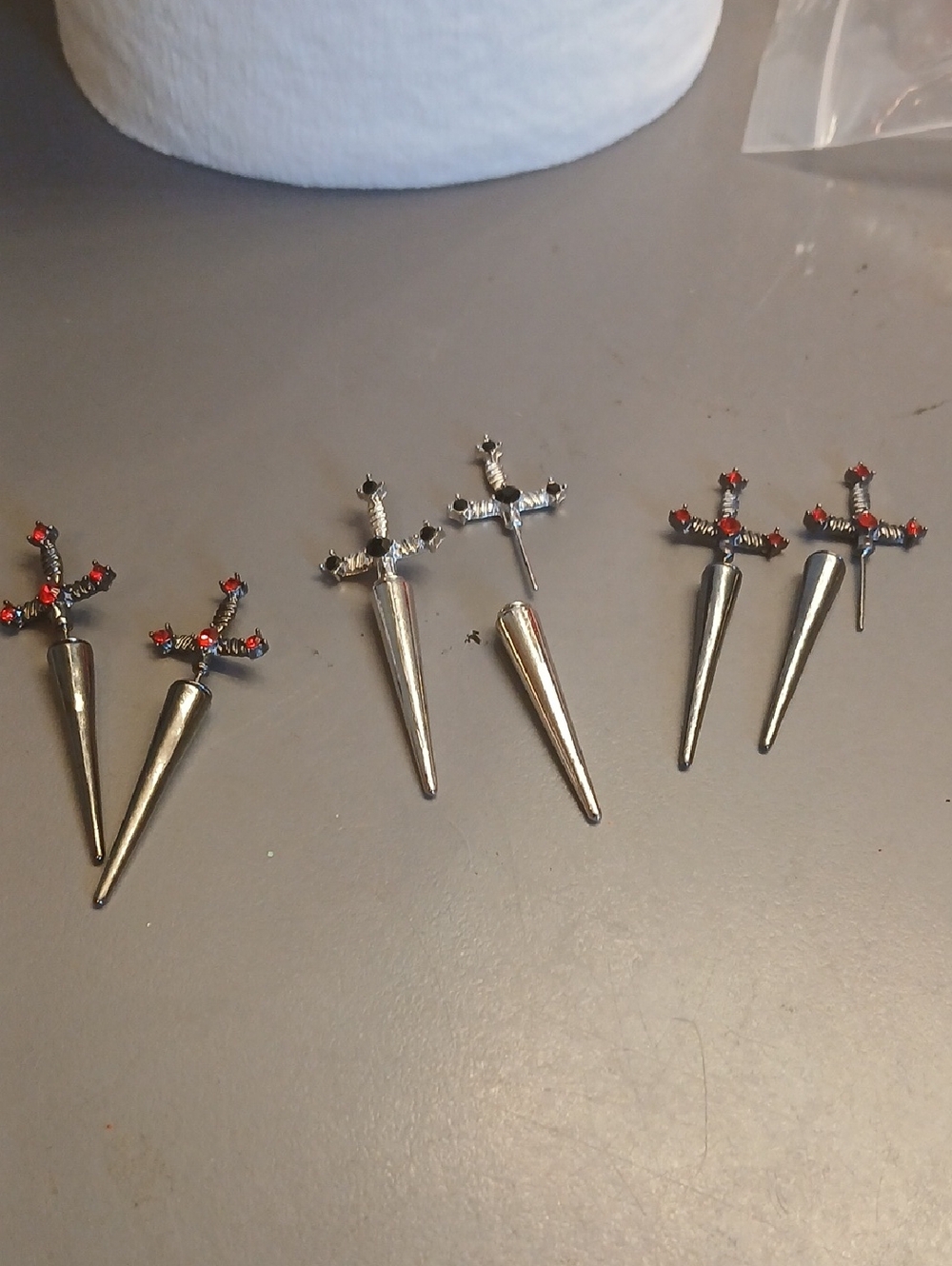 Silver Spike Cross Drop Earrings with Red Rhinestones - Set of 3 Pairs NWNT